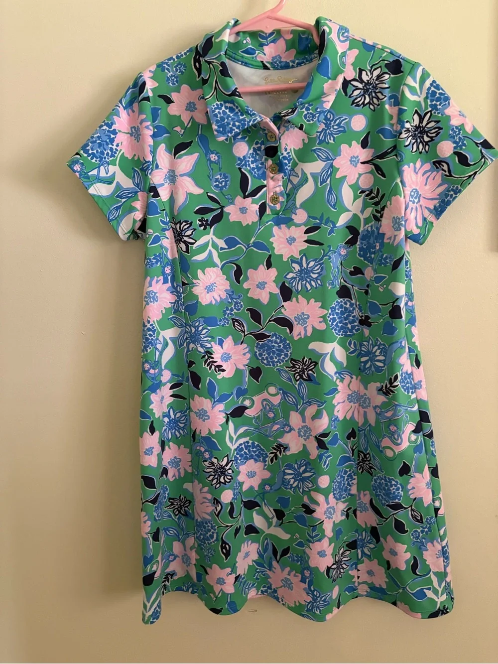 Lilly Pulitzer Green Floral Polo Dress with Pink and Blue Accents